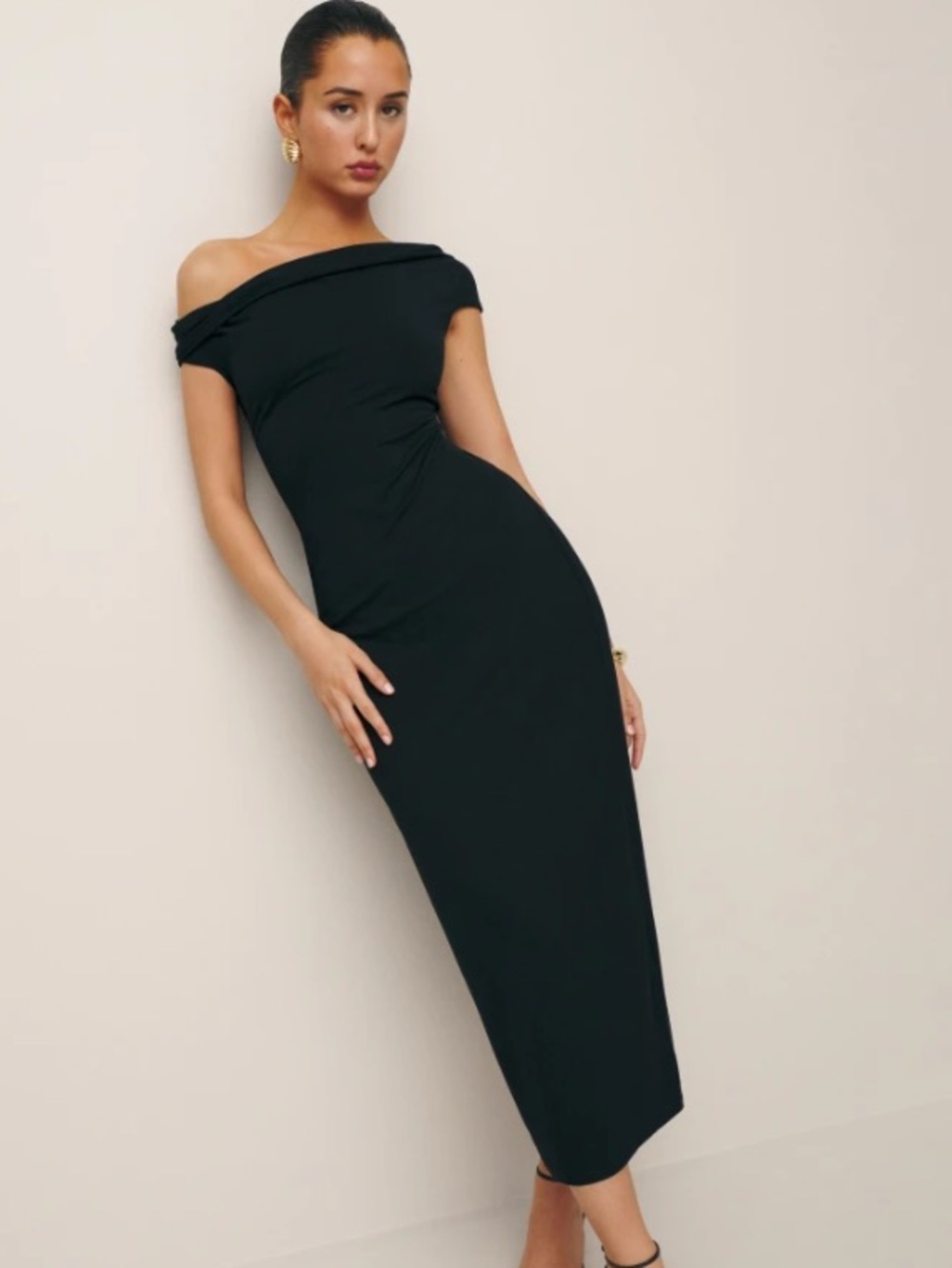 New Reformation Jaman Knit  Elegant One-Shoulder Black Dress Sz Large